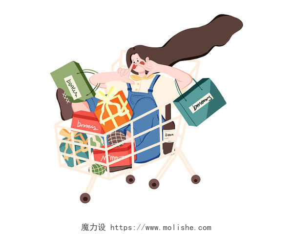 彩色手绘卡通双十一女孩疯狂购物购物袋购物车元素PNG素材